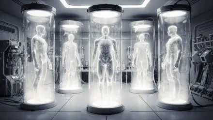 Human Cloning: five translucent humanoid figures suspended in illuminated cylindrical pods inside a sterile lab, 4K Ultra HD PC desktop wallpaper and background.