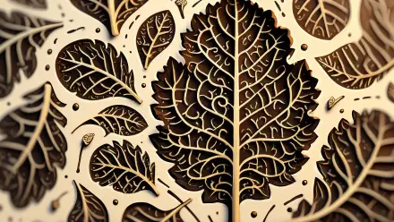 Intricate carved kale leaves in sepia tones with detailed veins and layered cutouts — 5K Ultra HD PC desktop wallpaper and background.