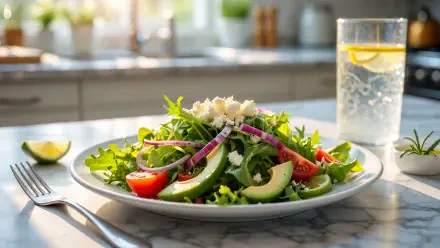 5K Ultra HD PC desktop wallpaper: a fresh healthy-eating salad with arugula, avocado, cherry tomatoes, red onion and feta on a marble countertop beside a glass of lemon water.