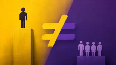 4K Ultra HD PC desktop wallpaper and background depicting inequality: lone figure on a tall yellow pedestal opposite a group on a lower purple pedestal, separated by a bold not-equal sign.