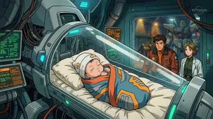 5K Ultra HD PC desktop wallpaper and background: newborn swaddled in a futuristic incubator under a clear dome, two adults watch in a sci‑fi medical bay.