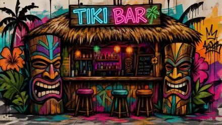 Vibrant 4K Ultra HD PC desktop wallpaper & background showing a neon tiki bar mural: straw-roofed bar, glowing Tiki Bar sign, bold tiki masks, stools and lush tropical foliage.