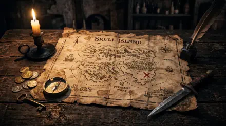 5K Ultra HD PC Desktop Wallpaper and Background: aged treasure map of Skull Island on a wooden table with compass, coins, candle, quill and dagger—X marks the spot.