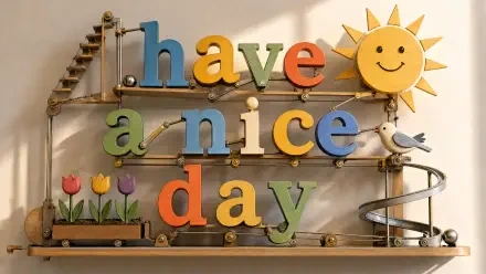 4K Ultra HD PC desktop wallpaper and background showing a playful wooden contraption with colorful letters reading 'have a nice day', a smiling sun, tulips, birds and a marble run.
