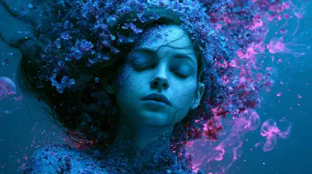 Aesthetic portrait of a woman with closed eyes, surrounded by blue-purple floral textures and ethereal smoke; 2K Quad HD PC desktop wallpaper and background.