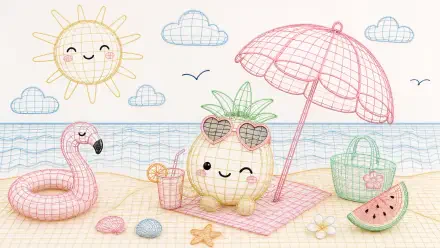 Cute summer 4K Ultra HD PC desktop wallpaper and background: kawaii pineapple with heart sunglasses on a beach mat under an umbrella, flamingo float, watermelon slice, seashells and smiling sun.