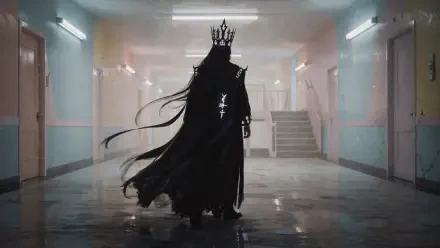 Dark King in a tattered cloak and crown stands in a dim, reflective hallway, backlit by harsh fluorescent lights — 4K Ultra HD PC desktop wallpaper/background.