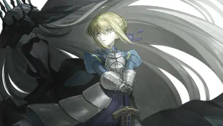 Anime HD PC desktop wallpaper and background: armored blonde knight in blue dress holding a sword, pale face illuminated against a swirling dark cloak and horse silhouette.