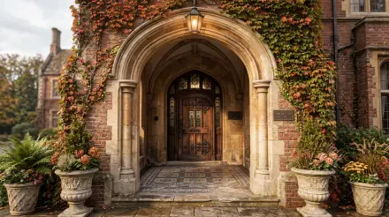 Stone arched entrance with ornate wooden door, warm lantern light, climbing autumn ivy and stone planters — 5K Ultra HD PC desktop wallpaper/background.