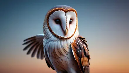 Barn owl at dusk with detailed feathers and soft bokeh — 5K Ultra HD PC desktop wallpaper and background.