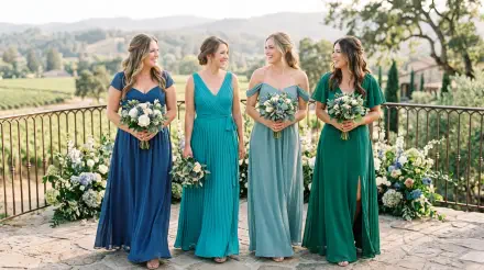 Four bridesmaids in blue-green bridesmaid dresses holding bouquets on a sunlit terrace overlooking vineyards — 5K Ultra HD PC desktop wallpaper and background.