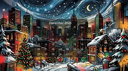 Snowy city night with crescent moon, lit houses and Christmas tree; December 2026 calendar overlaid — 5K Ultra HD PC desktop wallpaper.