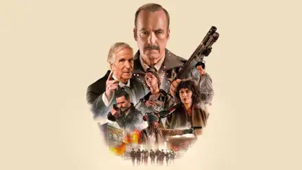 4K Ultra HD PC desktop wallpaper: cinematic collage of stern-faced characters, a mustached man, armed figures, burning town and silhouetted march on a pale beige background.