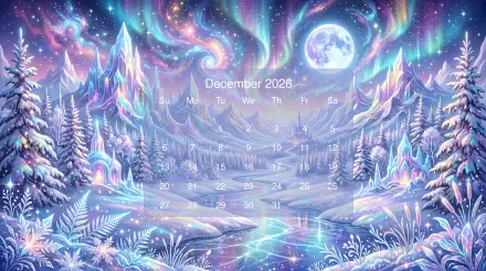 December 2026 calendar over a dreamy pastel winter fantasy landscape with aurora, full moon, crystalline mountains and frozen lake — 5K Ultra HD PC desktop wallpaper and background.