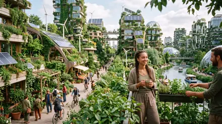 Solarpunk 5K Ultra HD PC desktop wallpaper and background: lush green futuristic city with solar-paneled towers, canals, terraces and people biking and strolling under a bright sky.
