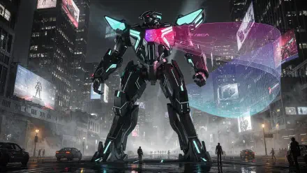 4K Ultra HD PC desktop wallpaper: towering neon-lit giant mech looms over a rainy cyberpunk city, holographic billboards and tiny figures at its feet.