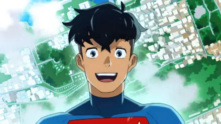My Adventures With Superman 4K Ultra HD PC desktop wallpaper and background: smiling young Superman in blue suit with red S, looking up above a sunlit cityscape.