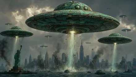 UFO invasion 4K Ultra HD PC Desktop Wallpaper and Background — giant green saucers hover over a stormy city, beams of light strike the water near the Statue of Liberty.