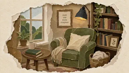 Cozy reading nook illustration: green armchair with throw, side table with books, window light, wall lamp and bookshelf — 4K Ultra HD PC desktop wallpaper and background.