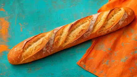 4K Ultra HD PC desktop wallpaper and background showing a golden baguette on a turquoise surface with an orange cloth.