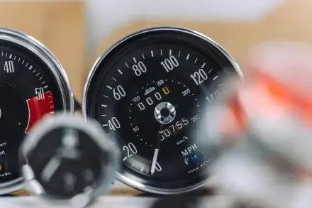8K Ultra HD PC desktop wallpaper of a vehicle: close-up McLaren G6GT dashboard with speedometer, odometer and instrument gauges.