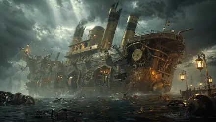 4K Ultra HD PC desktop wallpaper and background: lantern-lit steampunk shipwreck looms in stormy seas, shattered decks and floating debris beneath brooding clouds.