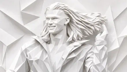 4K Ultra HD PC desktop wallpaper: white low-poly sculpture portrait of a smiling long-haired male footballer in faceted geometric style.