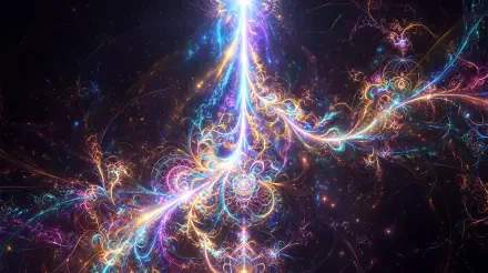 5K Ultra HD PC desktop wallpaper: a radiant vertical beam of light piercing a cosmic fractal of colorful swirling filaments and glowing nebulae.