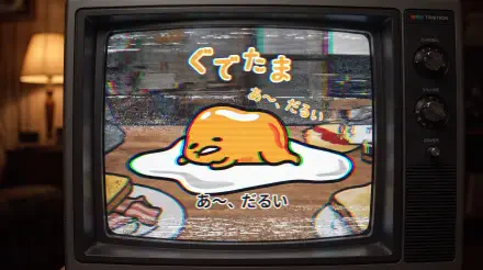 Vintage CRT TV screen showing Gudetama sprawled on an egg white with Japanese captions and a glitchy backdrop — 5K Ultra HD PC desktop wallpaper and background