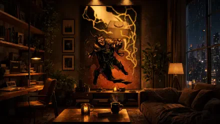 Cozy nighttime living room featuring a 4K Ultra HD PC Desktop Wallpaper and Background of Loki (Marvel Comics) surrounded by lightning, warm lamps, plants, and a city skyline outside the window.