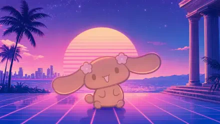Lovelymocha plush-like character on a neon grid beneath a pink synthwave sun, palm tree, city skyline and columns — 4K Ultra HD PC desktop wallpaper background.