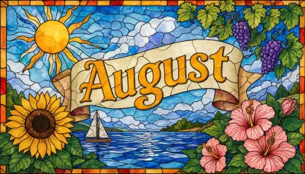Stained-glass style illustration reading August over a sunny seaside with sailboat, sunflower, hibiscus and grapes — 5K Ultra HD PC desktop wallpaper and background.