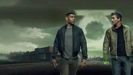 Lanterns (2026) 4K Ultra HD PC desktop wallpaper — two men walk a foggy, deserted street at dusk; one holds a faint green lantern beneath a brooding sky.