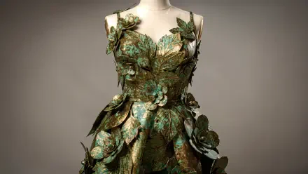 4K Ultra HD PC desktop wallpaper: ornate green floral dress with layered petal-like metallic fabric on a mannequin against a neutral studio backdrop.