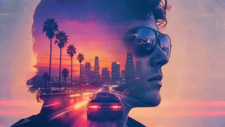 Retro 80s double-exposure 4K Ultra HD PC desktop wallpaper: profile silhouette with mirrored sunglasses, neon sunset over palm trees and a city skyline with streaking car lights.