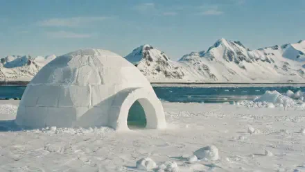 Igloo on a frozen shoreline with distant snow-capped mountains and clear blue sky — 4K Ultra HD PC desktop wallpaper and background.