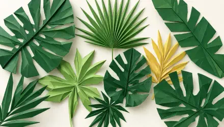 5K Ultra HD PC desktop wallpaper showing assorted green and yellow tropical leaves arranged artfully on a pale background.