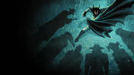 Batman: Caped Crusader TV show HD PC desktop wallpaper — Batman swoops forward with cape unfurled over a teal, textured backdrop, casting looming shadowy figures behind him.