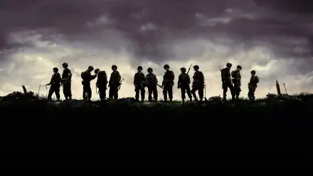 Band Of Brothers 4K Ultra HD PC desktop wallpaper: silhouetted soldiers stand along a ridge under a brooding purple-gray sky, high-contrast cinematic war scene background.