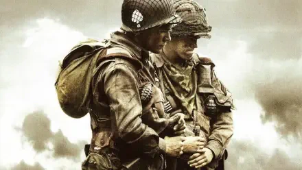 Band of Brothers HD PC desktop wallpaper and background: two World War II soldiers in helmets and gear, one supporting the other amid a smoky, war-torn landscape.