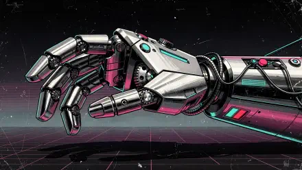 4K Ultra HD PC desktop wallpaper and background showing a chrome robotic hand with neon cyan and magenta accents reaching over a retro cyber grid.