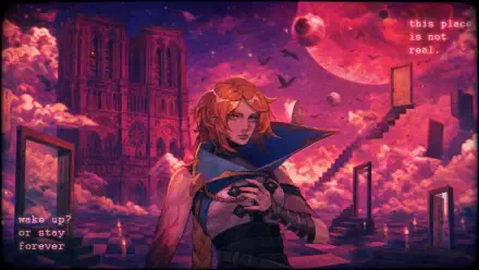 Castlevania Belmont's Curse 4K Ultra HD PC desktop wallpaper: cloaked Belmont amid crimson cathedral ruins, floating stairways and moons beneath a blood-red sky.