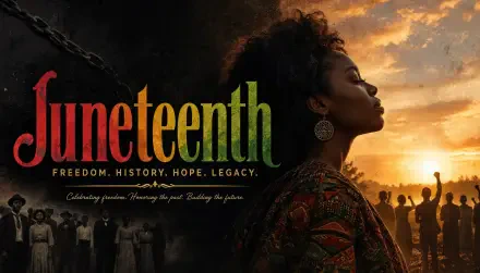 Juneteenth 5K Ultra HD desktop wallpaper — silhouette of a woman in profile at sunset, crowds celebrating and historic imagery with bold text evoking freedom, history and hope.
