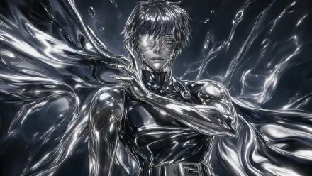 4K Ultra HD anime PC wallpaper: Maki Zenin reimagined as a male cyborg in reflective silver liquid armor, intense gaze against a glossy, flowing metallic background.