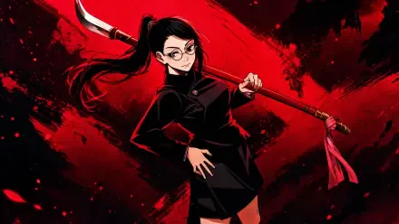 Maki Zenin anime girl in a black uniform wielding a scythe against a red-black splattered backdrop, 4K Ultra HD PC desktop wallpaper