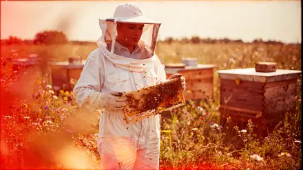 Beekeeper in protective suit inspects a honeycomb frame amid hive boxes in a sunlit apiary — 4K Ultra HD desktop wallpaper/background capturing bees and beekeeping.
