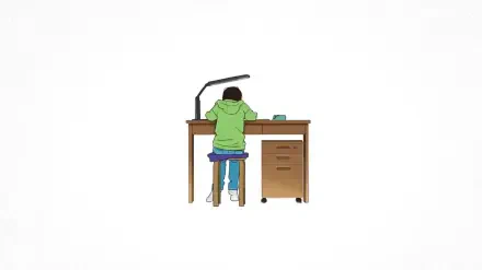 Look Back — 2K Quad HD PC wallpaper: person in a green hoodie seated at a wooden desk under a lamp, viewed from behind on a clean white background.
