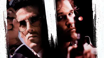 Tango & Cash 4K Ultra HD PC desktop wallpaper and background: split high-contrast portrait of two gritty, armed partners in a stylized film-poster composition.