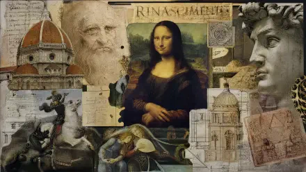 Renaissance collage 4K Ultra HD PC desktop wallpaper: Mona Lisa centered amid Leonardo sketches, sculptures, architectural drawings and classical motifs.