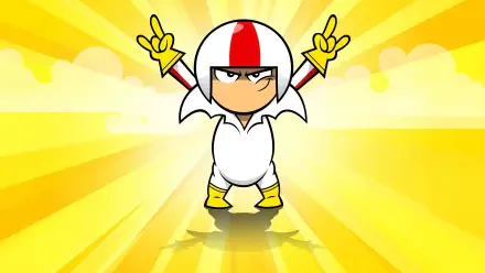 Kick Buttowski in white stunt suit strikes a victory pose against a radiant yellow burst — 4K Ultra HD PC desktop wallpaper background